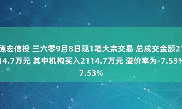 德宏信投 三六零9月8日现1笔大宗交易 总成交金额2114.7万元 其中机构买入2114.7万元 溢价率为-7.53%